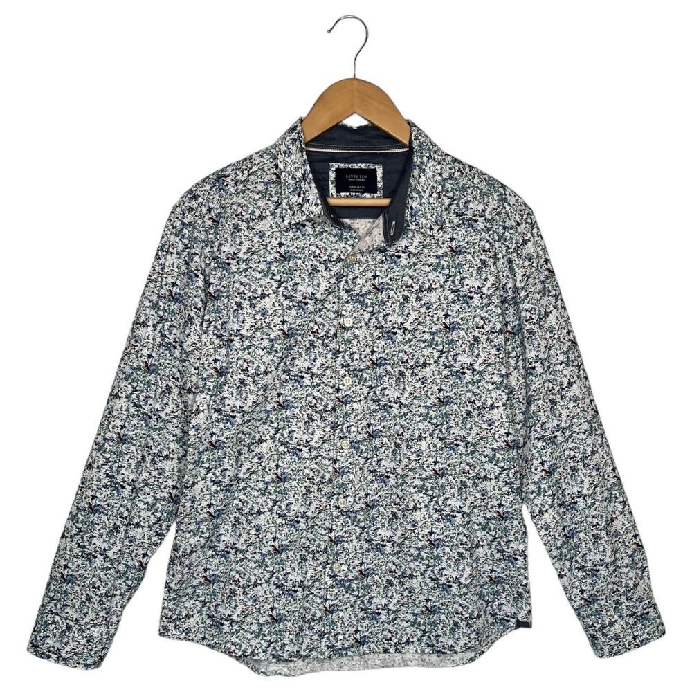 Level Ten Top Mens M Modern Button Up Long Sleeve Geometric Pattern Collar Blue